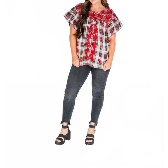 NEW LAYERZ CLOTHING noel patterned top in red multi - Picture 3 of 3